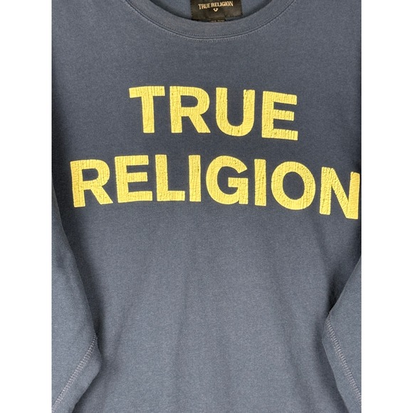 TRUE RELIGION Mens Crewneck Sweatshirt Navy Blue Yellow Logo Big Tall 3XL - Picture 6 of 6